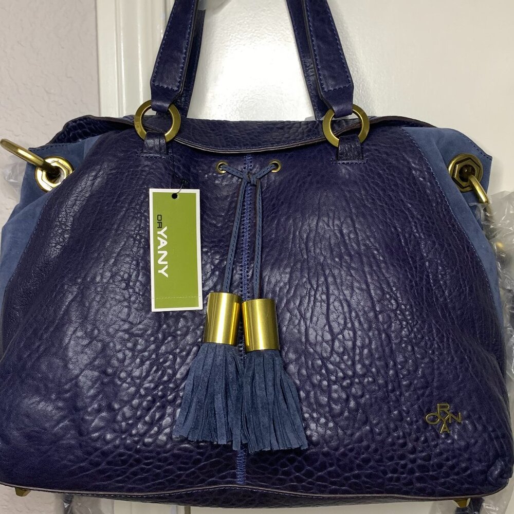 orYANY Navy Leather and Suede Satchel NWT